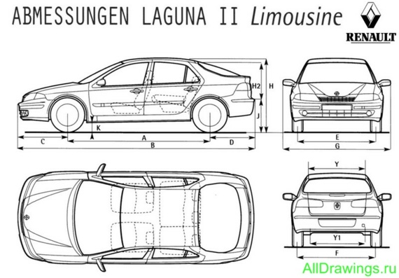 Renault Laguna II (Рено Лагуна 2) - чертежи (рисунки) автомобиля